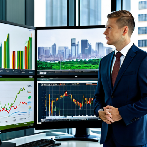 Home 4 A focused professional adult, dressed in a modest business suit, stands in a sophisticated office setting. On the left side of the frame, detailed financial graphs and stock tickers are visible on a large monitor, while the right side of the frame features a panoramic view through a window, revealing a thriving cityscape integrated with green infrastructure, renewable energy installations, and diverse, interacting people. The composition symbolizes the integration of financial success with sustainable and ethical values. perfect anatomy, correct proportions, natural pose, well-formed hands, proper finger count, natural body proportions, professional photography, high resolution, detailed, crisp focus, safe for work, appropriate content, fully clothed, professional dress.