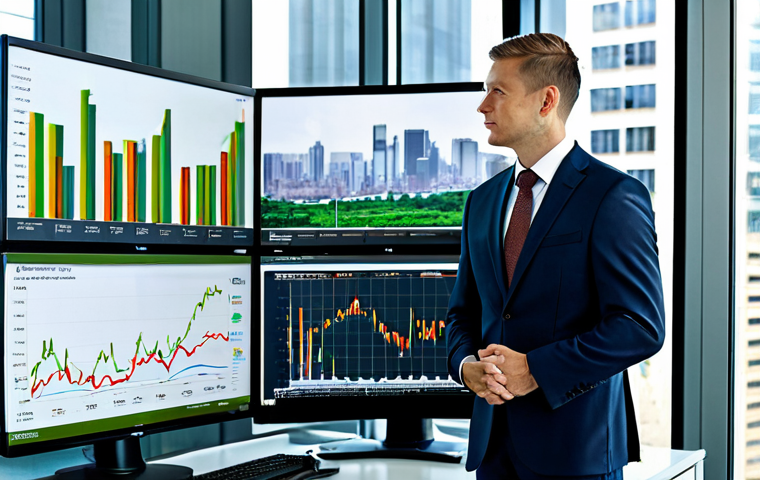 A focused professional adult, dressed in a modest business suit, stands in a sophisticated office setting. On the left side of the frame, detailed financial graphs and stock tickers are visible on a large monitor, while the right side of the frame features a panoramic view through a window, revealing a thriving cityscape integrated with green infrastructure, renewable energy installations, and diverse, interacting people. The composition symbolizes the integration of financial success with sustainable and ethical values. perfect anatomy, correct proportions, natural pose, well-formed hands, proper finger count, natural body proportions, professional photography, high resolution, detailed, crisp focus, safe for work, appropriate content, fully clothed, professional dress.