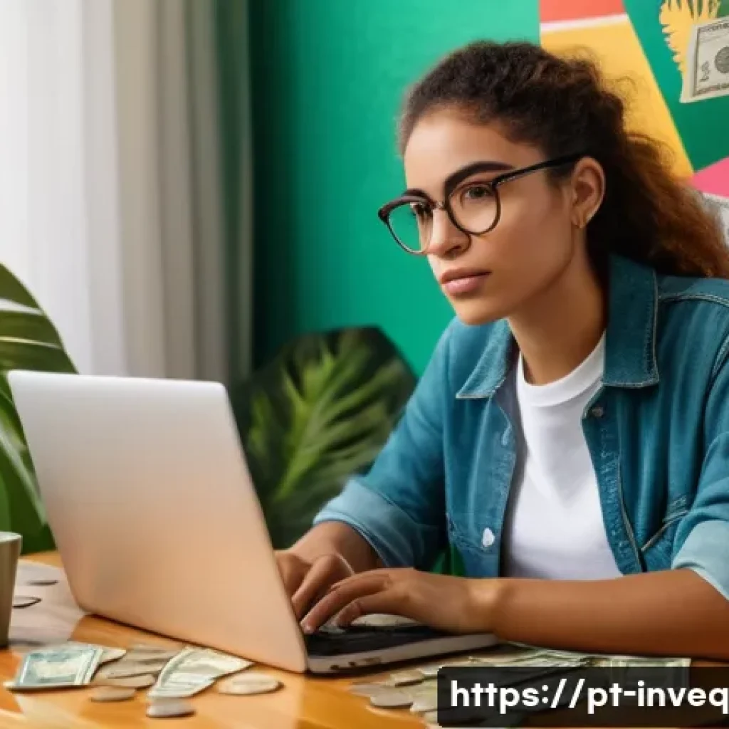 파이어족의 현명한 소비 습관 - A cozy Brazilian home office scene showing a young adult woman thoughtfully managing her personal fi...