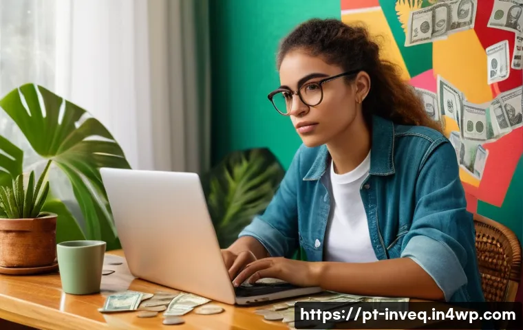 파이어족의 현명한 소비 습관 - A cozy Brazilian home office scene showing a young adult woman thoughtfully managing her personal fi...